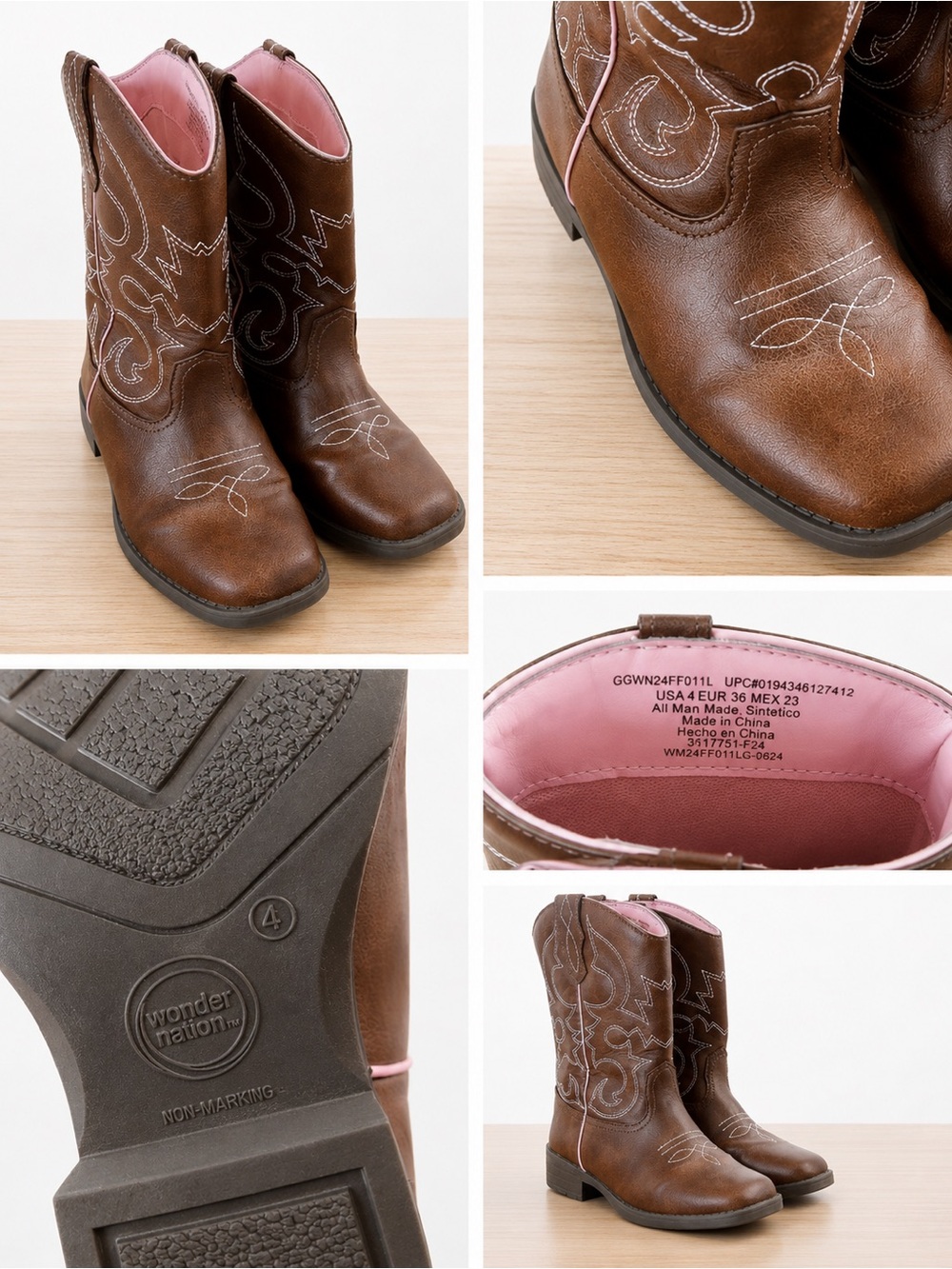 wonder nation Brown Girls Western Boots with Pink Lining